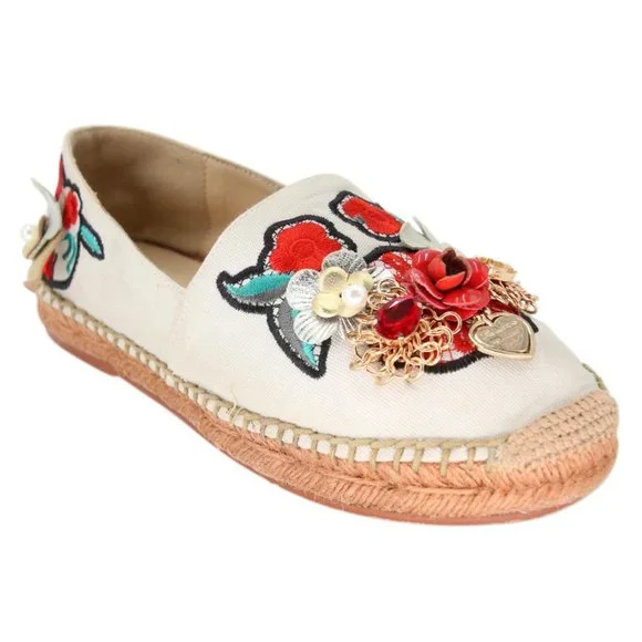 Dolce&Gabbana Pearl Espadrille 39 Floral Embellished Fabric Flats DG-0525N-0218